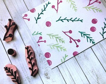 Winter foliage rubber stamp set/Christmas wreath holiday craft//Christmas tree DIY wrapping paper//DIY Card tag goodie bag for party