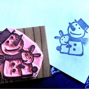 Christmas snowman rubber stamp/Winter bunny rabbit/Snow rabbit/ Snow flake//Cards/DIY Gift tag/mail art/Snail mail/ hand carved rubber stamp