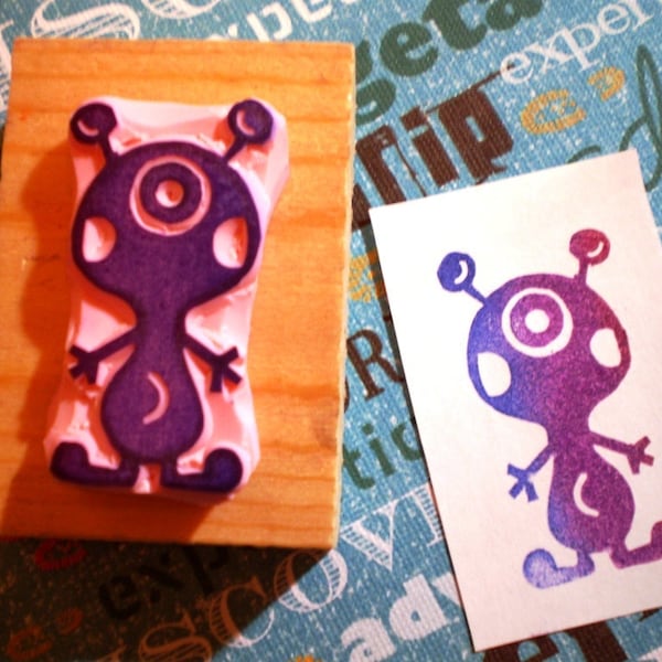 Alien rubber stamp//hand carved rubber stamp