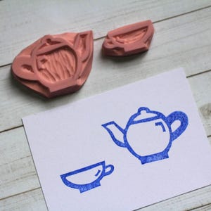 Conjunto de carimbos de borracha para chá // Xícara de chá / Pires / Bule de chá / Chaleira / Xícara de café // Chá de ervas // Conjunto de carimbos de borracha esculpidos à mão por Happie Stamps