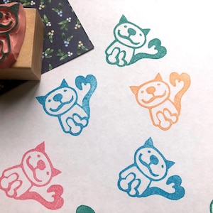 Tampon chat avec queue en forme de coeur // Tampon chaton // Mariage sur le thème du chat // Saint-Valentin // Tampon en caoutchouc sculpté à la main par Happie stamps