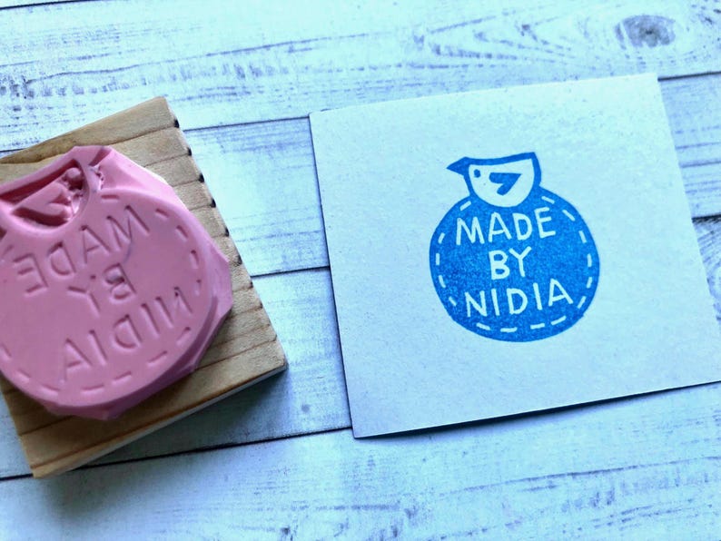 MADE BY custom rubber stamp with your name. perfect gift for a crafter or artist! it has a cute little bird Ob top of a circular stamp
