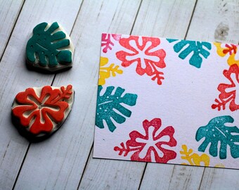 Hibiscus flower and leaf rubber stamp set//gift ideas for Luau hawaiian birthday party