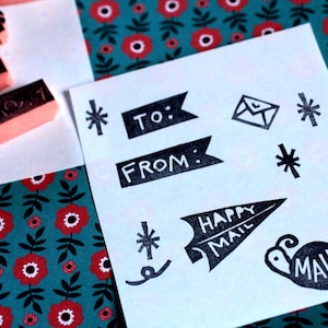 Juego de sellos de goma para sobres de correo postal // sellos de arte postal // Correo feliz // Amigo por correspondencia // Entrega // Envío // tallados a mano por sellos Happie