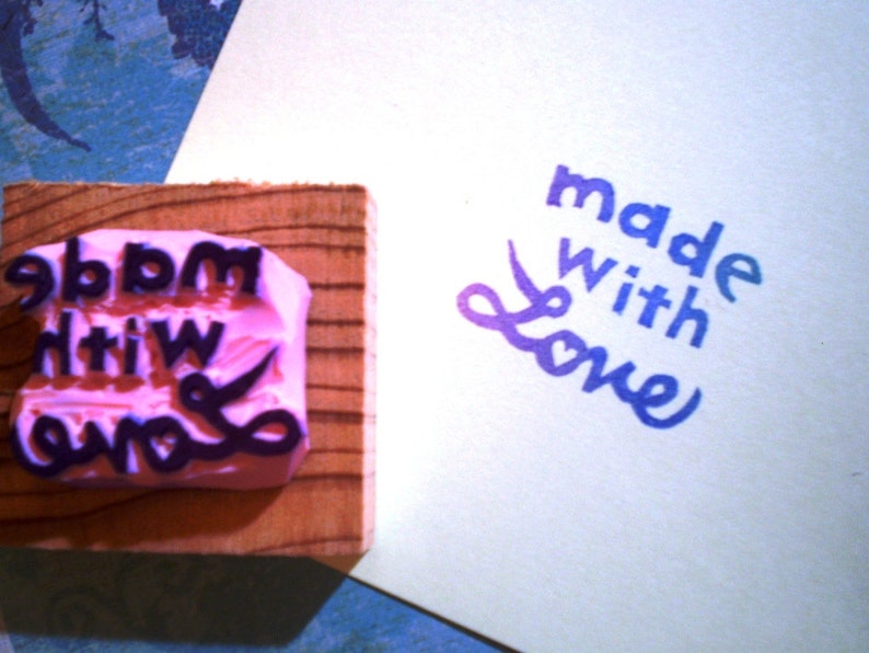 Made with love rubber stamp//hand carved rubber stamp Mounted on wood