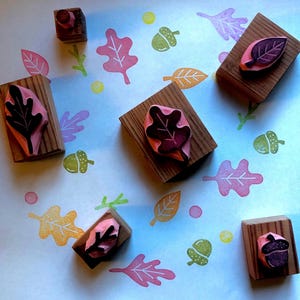 Fall leaf rubber stamp set // Autumn leaf // Acorn stamp // Twigs// Branch// Oak leaf // Berry stamp//Foliage //hand carved and hand crafted