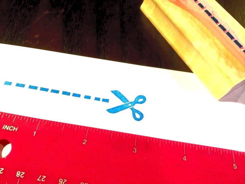 Cut Here Rubber Stamp//scissors//dotted Line//cutter// Hand Carved and ...