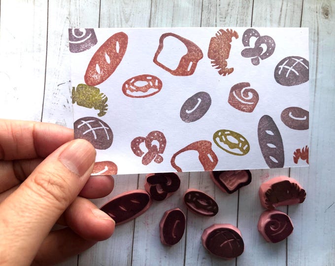 Pastry Bread rubber stamp set/Hand carved cafe Bakery stamp for paper bags and business cards//Sweets and Dessert food options for wedding