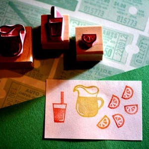 Lemonade rubber stamp set// Lemon stamp// Drink stamp// Summer pool party stamp// Birthday stamp// hand carved rubber stamp by Happie Stamps