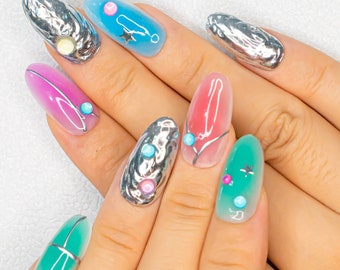 Y2K Silver & Pink Press on Nails | Y2K Long Oval Nails | Gyaru Nails | Metallic Silver Nails | Freestyle Nails | Star Nails | Dopamine Nails