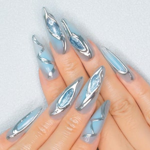 Gothic Blau Drücken Sie auf die Nägel | 3D Chrom-Nägel | Metallic Silber lange Stiletto Nägel | Y2K Nägel | Gyaru Nägel | Gothic Nägel |Party Press Ons