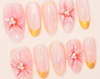 3D Flower With Gold Accent Freestyle Almond Press On Nails | 3D Gel Fairycore Fake Nails | Dreamy Nails for Birthday Vacation Holiday
