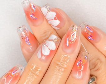 Simple Flower Nail Art | Cute Medium Acrylic Nails | Handmade Press on Nails | Light Pink Valentines Nails | Spring Easy Floral Nail Design