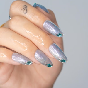 Icy Blue 3D Crystal Press On Nails | Holidays/Wedding/Fall Diamond Nails | Gyaru Style Long Almond Press Ons | N46