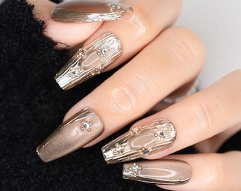 Brown Gold Chrome Press on Nails | Gold Chrome Nails | Brown Nails | Cat Eye Nails | Fall Nails | Aurora Nails | 3D Nails