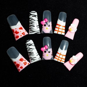 Pink Charms Duck Nails | Schattige 3D Kitty Duck druk op valse nagels | Nagelkunst en -ontwerpen met Kawaii-personages voor de herfst