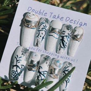Wedding Ocean Nails, Custom Hand-painted Acrylic Nails, 3D Press On Nails, Pink Nails, Press On Nails Short, Coffin Nails, French Nails