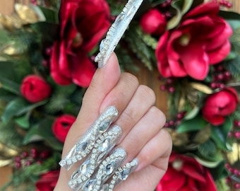 XXL Long Nails|Luxury Nails|Silver Glitter Rhinestone Press on Nails|Crystal Nails|Bling Nails|Diamond Nails|Gyaru Nails|Holiday Nails|Nails
