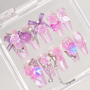 Secret Garden Long Cuffin Press on Nails | Trending 3D Flower Design Nail Art | Fake/False Nails for Birthday/Holiday/Vacation | Nails