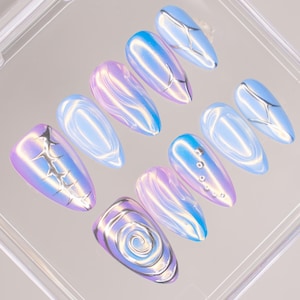 Gothic Aura Purple Press on Nails | 3D Chrome Nails | Fake Short Almond Nails | Ombre Mermaid Press Ons|Gyaru Nails|Y2K Nails|Birthday Nails