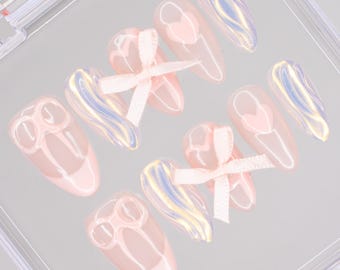 Cute Bow French Pink Press on Nails | Bow Nails | Pink Short Almond Nails | Aura Y2K Nails|Gyaru Nails|Cute Nails|Birthday Nails|Cutte Nails