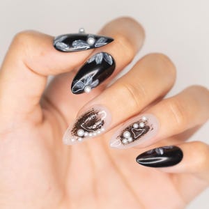 Elegant Brown Gradient Press On Nails | Autumn-Inspired Fake Nails | Fall Floral Pearl Nail Art | Chic Brown Acrylic Nails