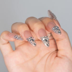 Sparkly French Tip Press on Nails | 3D Crystal Silver Metallic Long Stiletto Press Ons | French Tip Holiday & Wedding Party Nails | N28