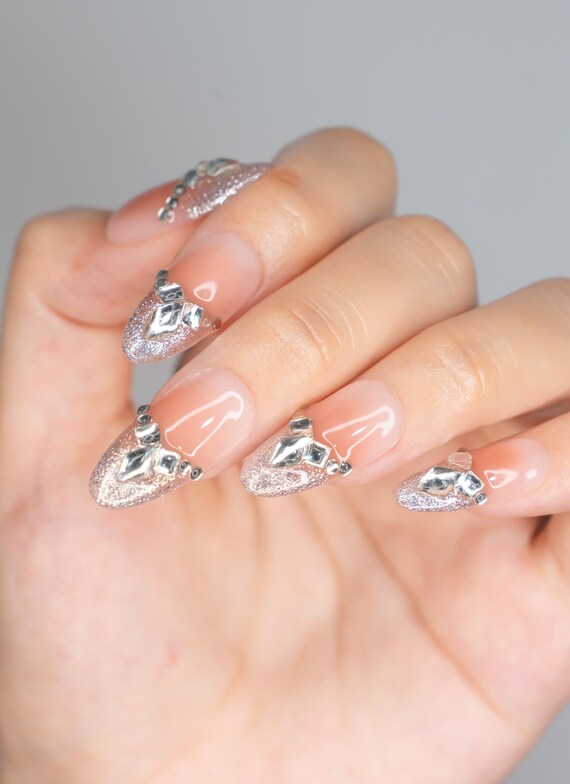 3D キラキラ クリスタル フレンチ チップ プレスオン ネイル