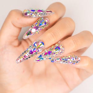 Sparkly Crystal Stiletto Press on Nails | Bling Gyaru Acrylic & Gel Nails | Stunning Diamonds Nail Art/Designs