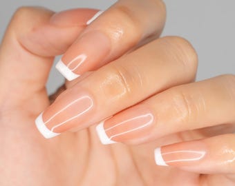 Nails | Hailey Bieber French Tips Ombre Press On | Glossy Long Square Shape | Minimalist Wedding/Holiday Pretty Nail Designs | N20