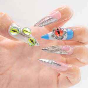 Horror Eyes Gothic/Emo Long Stiletto Press on Nails, Halloween/Cosplay/Carnival Nails Art, Handpainted Fake Nails, Reusable Gel Nails