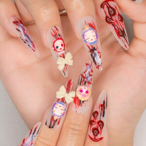 Horror Bloody Doll Gothic/Emo Long Stiletto Press on Nails, Halloween/Cosplay/Carnival Nails Art, Handpainted Fake Nails, Reusable Gel Nail