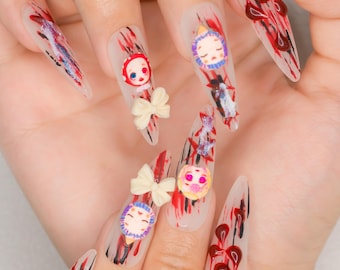 Horror Bloody Doll Gothic/Emo Long Stiletto Press on Nails, Halloween/Cosplay/Carnival Nails Art, Handpainted Fake Nails, Reusable Gel Nail