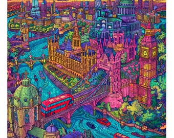 Könnte beinhalten: Eine farbenfrohe, detaillierte Illustration von Londoner Sehenswürdigkeiten, darunter Big Ben, das Houses of Parliament und die Tower Bridge. Die Illustration ist in einem lebendigen, psychedelischen Stil mit einer Mischung aus leuchtenden Farben und filigranen Details gehalten.