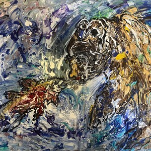 Puede incluir: Una pintura al óleo abstracta que muestra a un oso pardo atrapando un pez en aguas turbulentas de color azul y blanco. La obra utiliza pinceladas gruesas y texturizadas con una paleta de colores vibrantes en tonos azules, marrones y ocres.