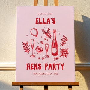 Editable Hens Party Welcome Sign | Printable Pink and Red Hand Drawn Design | Customise for Bridal Shower or Bachelorettes!