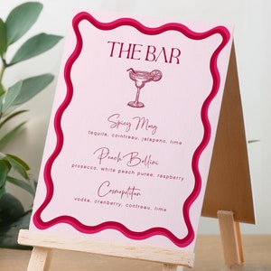 Rosa und rotes gewelltes Barmenü-Zeichen | Bearbeitbare digitale Vorlage | Signature Drinks für Junggesellinnenabschied, Brautparty oder Bachelorette