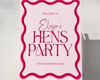 Wavy Hens Party Welcome Sign | Editable Red and Pink Design | Customisable Instant Download | Digital Template for Instant Printing