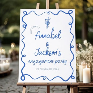 Engagement Party Welcome Sign | Blue and White Wavy Hand Drawn Design | Editable Digital Template | Printable Party Poster