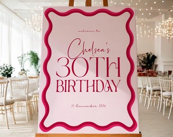 Editable 30th Birthday Party Welcome Sign | Pink and Red Wavy Border Design | Customisable Digital Template