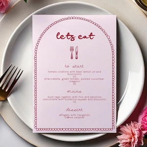 Bearbeitbares rosa handgeschriebenes Menü | Digitale Vorlage | Menü für Dinnerpartys, Brautpartys, Friendmas und mehr