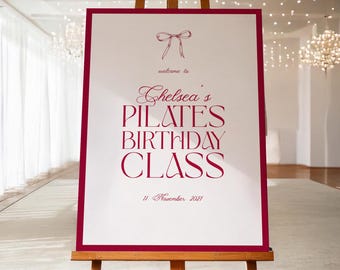Editable Pilates Birthday Welcome Sign: Burgundy and White (Custom Digital Template)