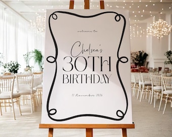 Editable Birthday Party Welcome Sign | Minimalist Black and White Hand-Drawn Border | Customisable Digital Template | Print at Home