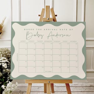 Calendario editable con fecha de parto / Juegos para baby shower / Plantilla digital personalizable / Letrero ondulado verde salvia / Póster imprimible con fecha de llegada