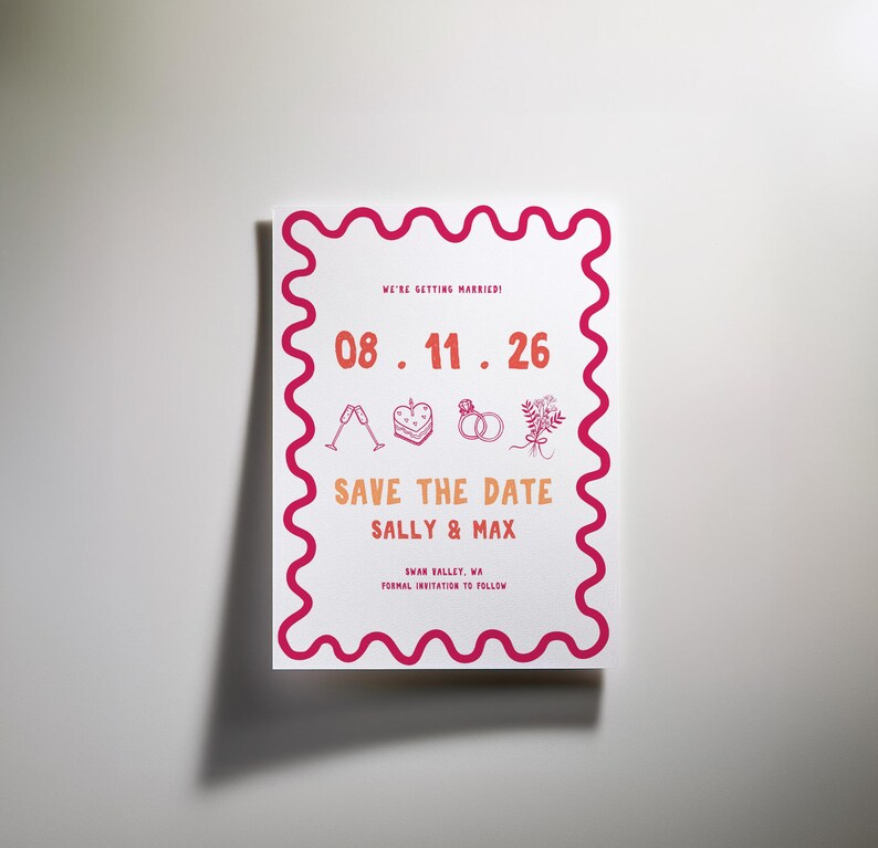 May include: Save the date card with a pink and orange color scheme. The card has a scalloped border and features the date "08.11.26" and the names "Sally & Max".