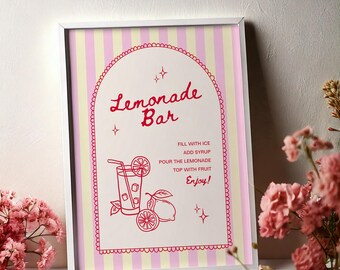 Editable Lemonade Bar Sign: Hand Drawn Striped Drinks Station Menu (Printable Digital Template)