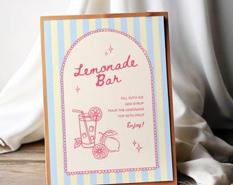 Lemonade Bar Sign: Hand Drawn Striped Drinks Station Menu (Editable Digital Template)