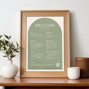 May include: A framed welcome sign with a green arch at the top. The sign includes information about wifi, parking, trash, house rules, host contacts, and a checklist of things to do before leaving. The sign also includes a QR code.
