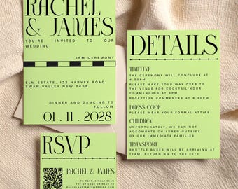 Editable Lime Green Invitation Suite with RSVP and Reception Details Card: Modern Wedding Invite (Digital Template)