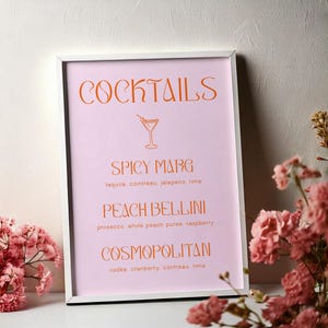 Menu modifiable du bar à cocktails | Design personnalisable rose et orange | Modèle numérique DIY | Design minimaliste moderne pour les mariages et les fêtes